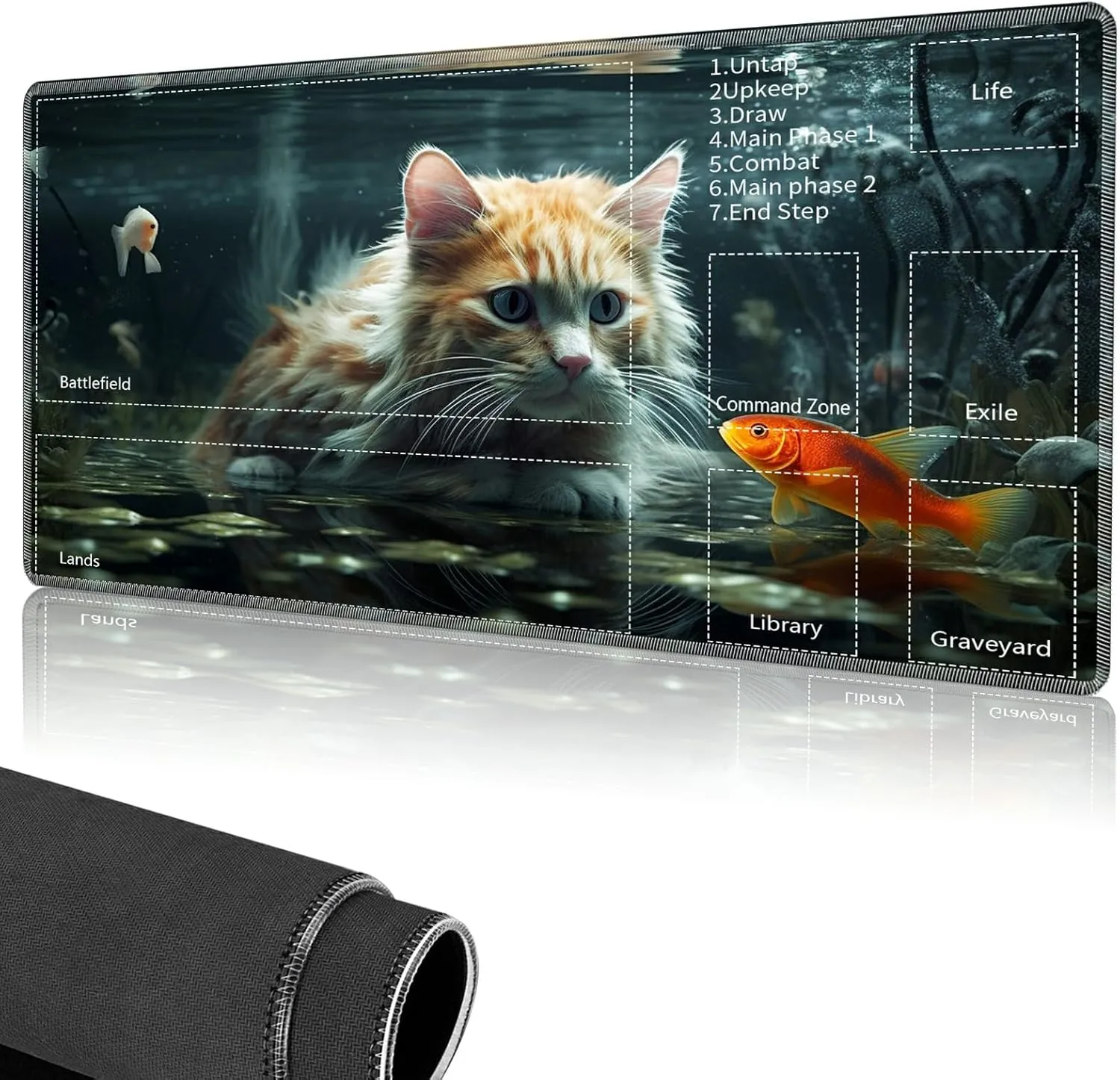 for MTG Playmat,Card Playmat Stitched with Magic Zone for MTG Card Game Playing,(35.5x19.7 in) Card Playmats Smooth Cloth Surface Non-Slip Silicone Bottom Battle Game Mat-cat and Fish