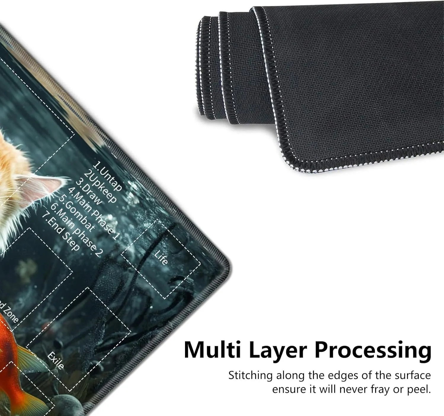 for MTG Playmat,Card Playmat Stitched with Magic Zone for MTG Card Game Playing,(35.5x19.7 in) Card Playmats Smooth Cloth Surface Non-Slip Silicone Bottom Battle Game Mat-cat and Fish