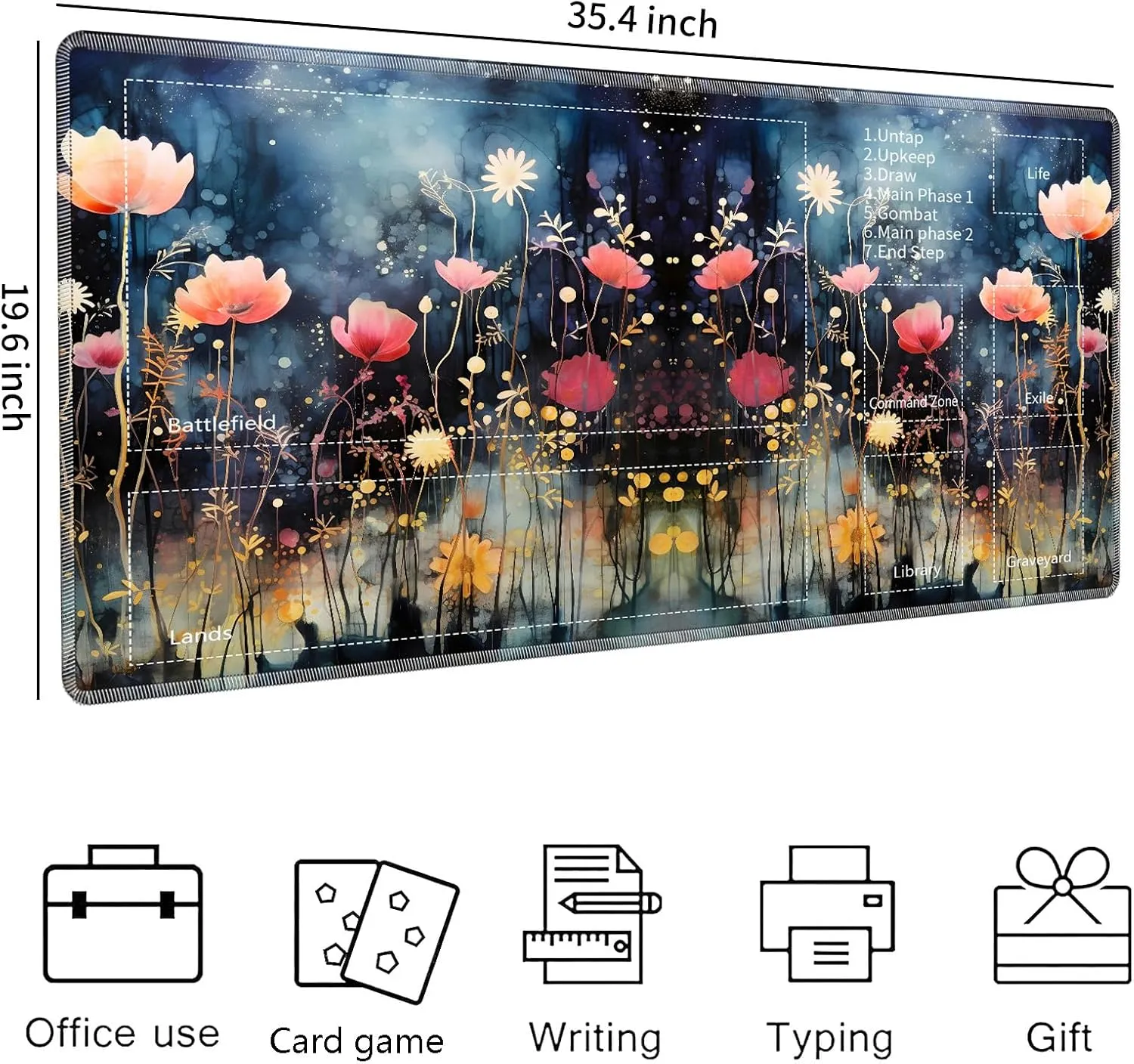 for MTG Playmat,Card Playmat Stitched with Magic Zone for MTG Card Game Playing,(35.5x19.7 in) Card Playmats Smooth Cloth Surface Non-Slip Silicone Bottom Battle Game Mat-Colorful flowerss