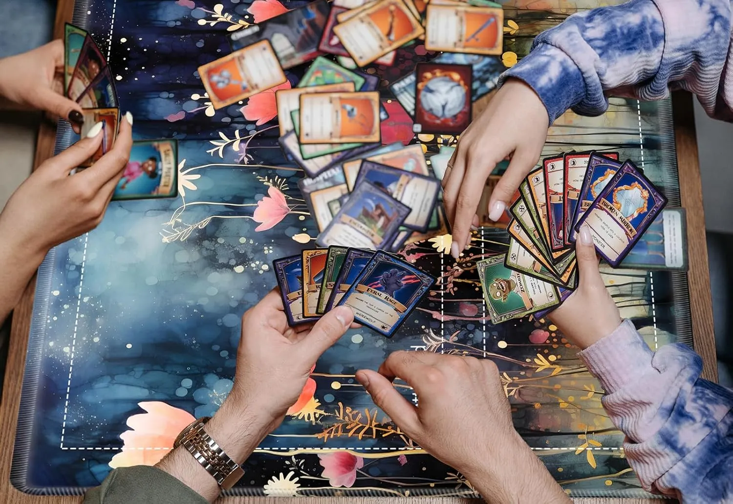 for MTG Playmat,Card Playmat Stitched with Magic Zone for MTG Card Game Playing,(35.5x19.7 in) Card Playmats Smooth Cloth Surface Non-Slip Silicone Bottom Battle Game Mat-Colorful flowerss