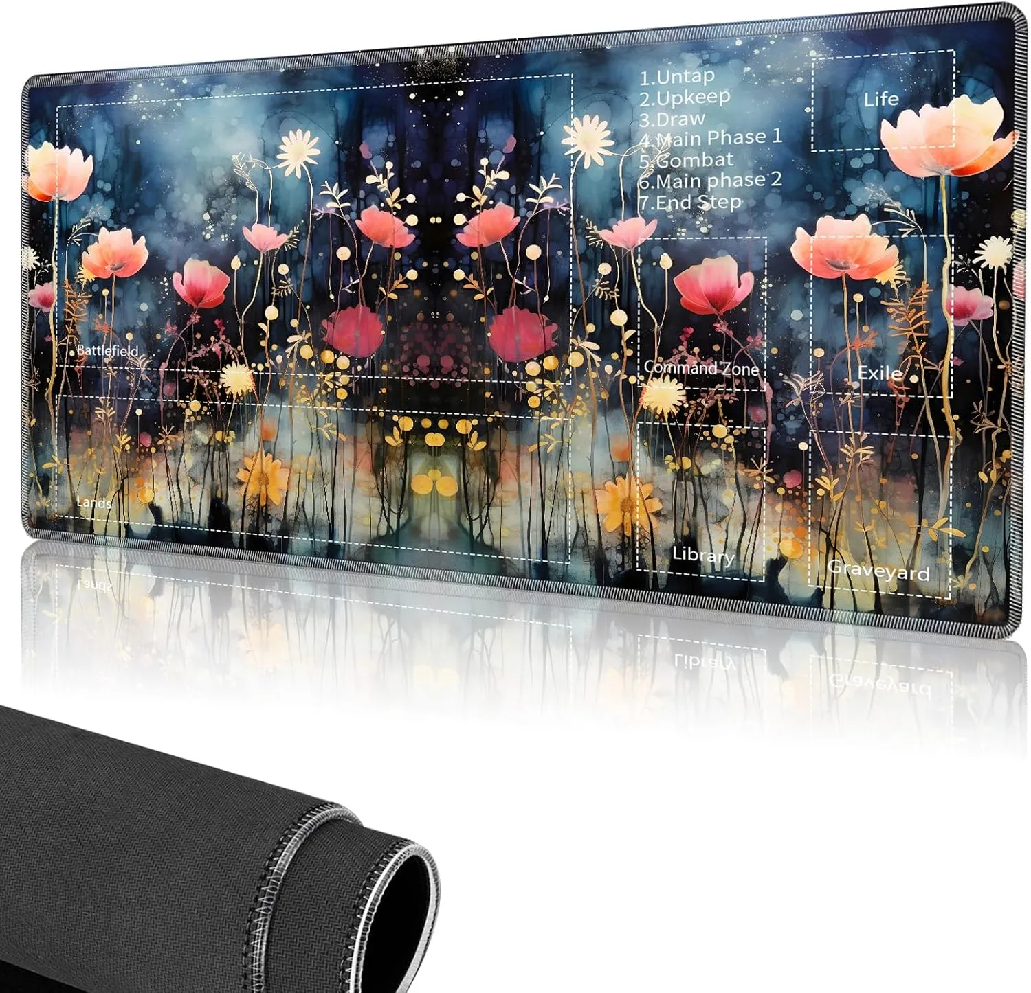 for MTG Playmat,Card Playmat Stitched with Magic Zone for MTG Card Game Playing,(35.5x19.7 in) Card Playmats Smooth Cloth Surface Non-Slip Silicone Bottom Battle Game Mat-Colorful flowerss