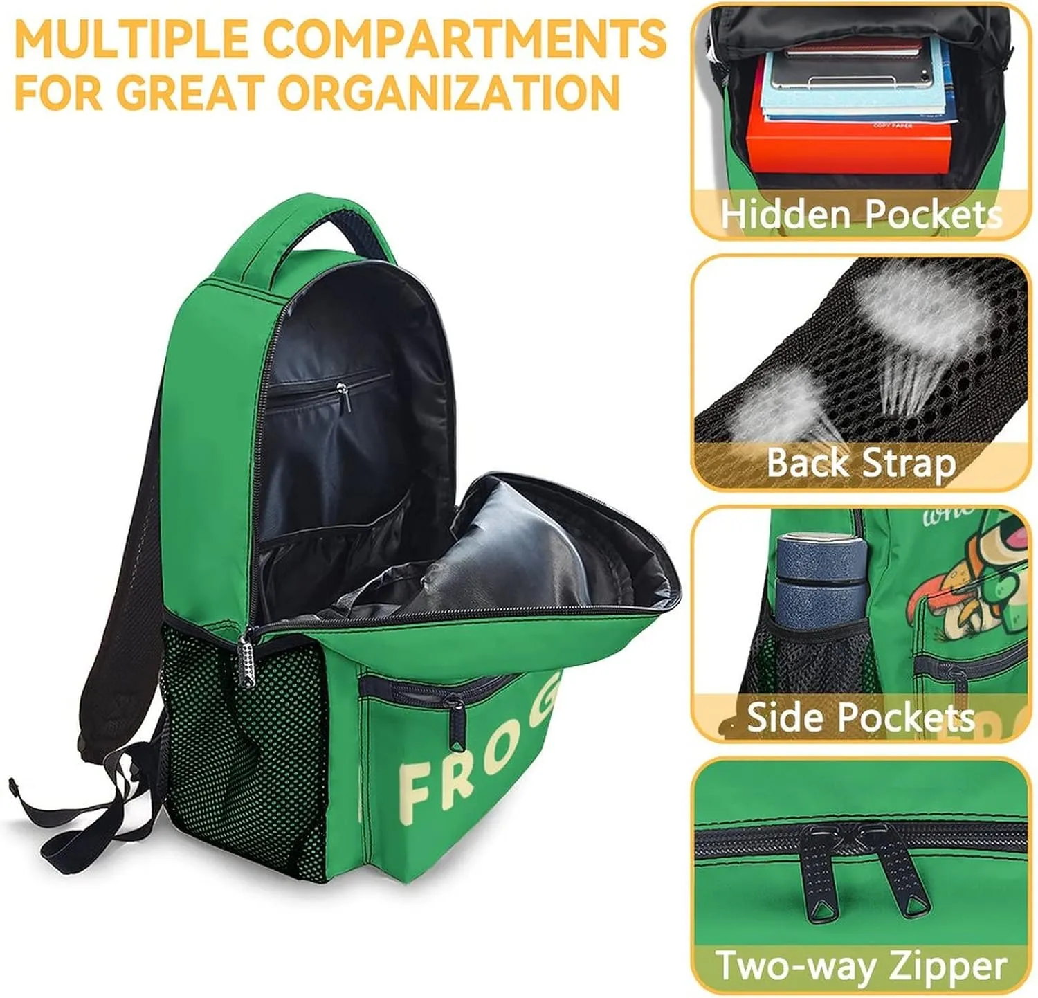 Frog Backpack for Girls Boys, 16 Inch Green Backpacks for School, Cute Lightweight Durable Bookbag for Kids