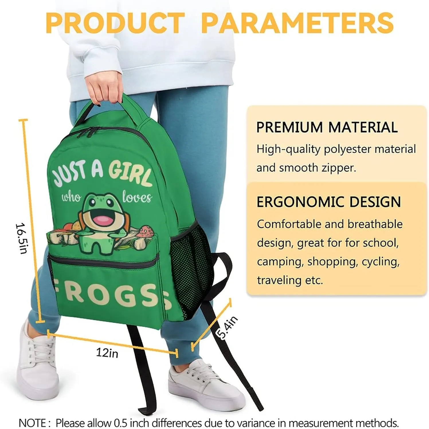 Frog Backpack for Girls Boys, 16 Inch Green Backpacks for School, Cute Lightweight Durable Bookbag for Kids