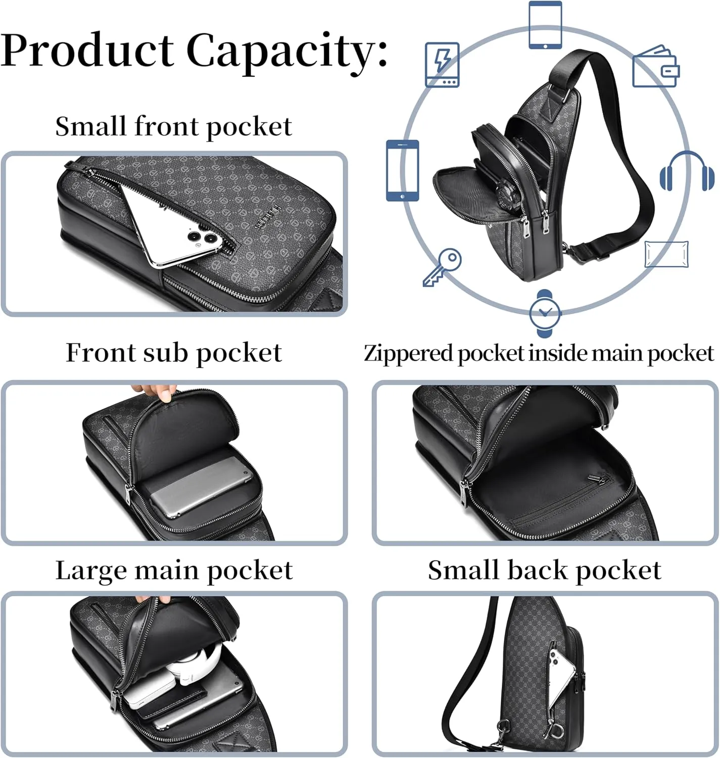 FSD. WG sling Backpack for Men Chest Bag Crossbody Shoulder Bags Travel Hiking Bag Purse for Men with Water Resistant