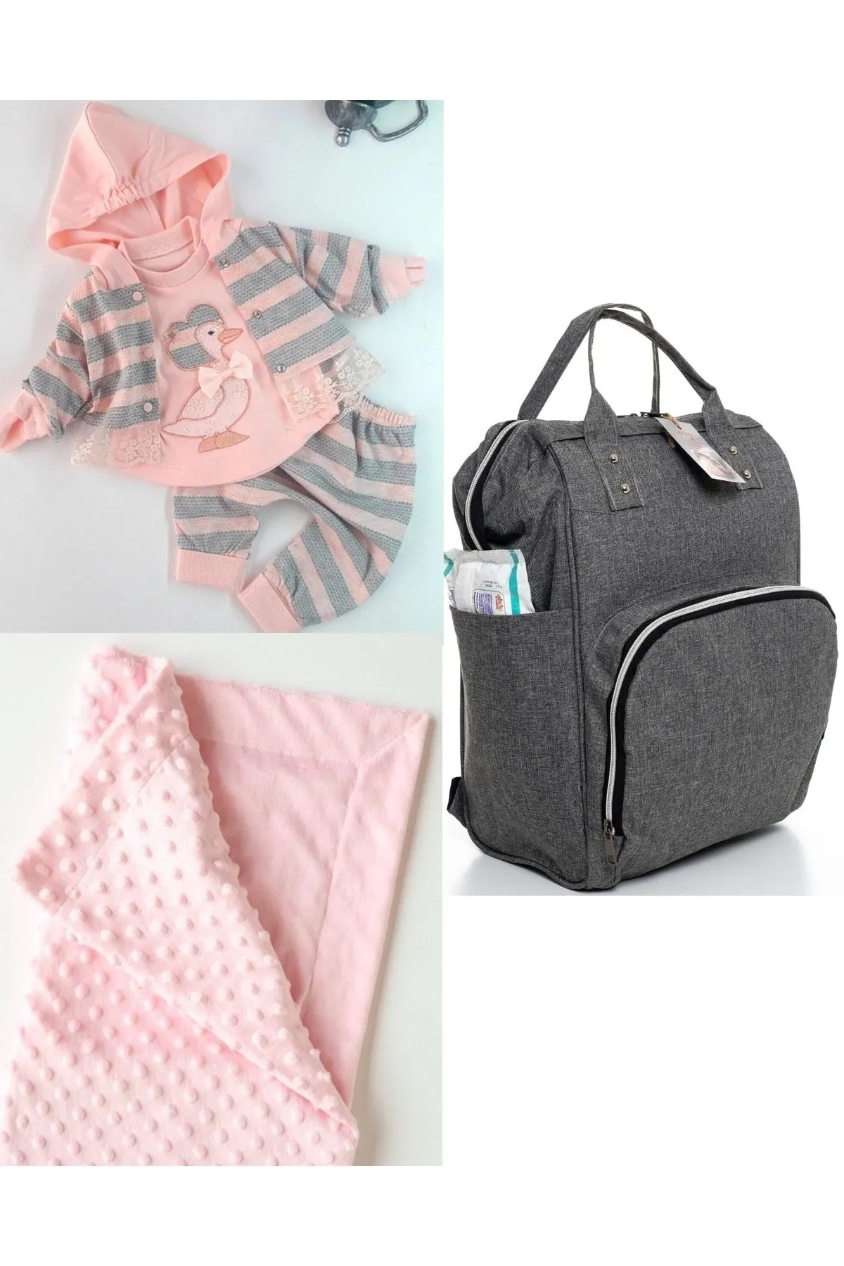 Functional Mother Baby Care Backpack, 100% Cotton Hospital Outlet And Chickpea Blanket Set