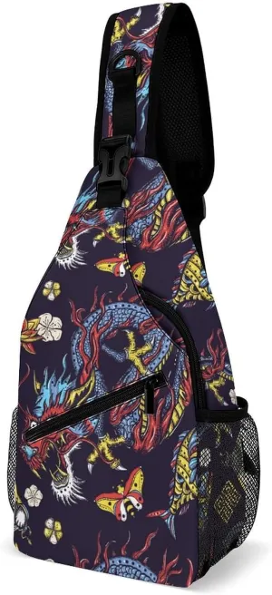 Funny Dragons Fan Flowers Sling Bag Crossbody for Women Men Lightweight Adjustable Extender Strap China Vintage Shoulder Backpack with Water Bottle Holder Casual Daypack for Hiking Travel
