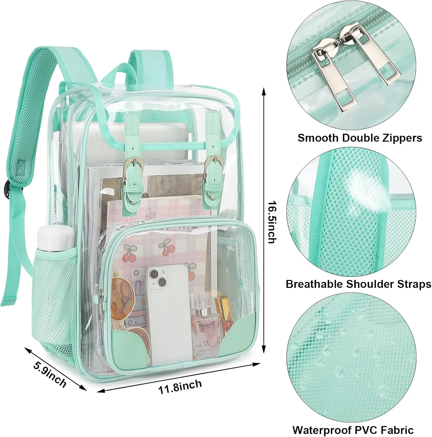Fuyicat Clear Backpack Heavy Duty PVC Transparent Girls Kids School Backpacks Stadium Approved See Through College Bookbag for Women (Green)