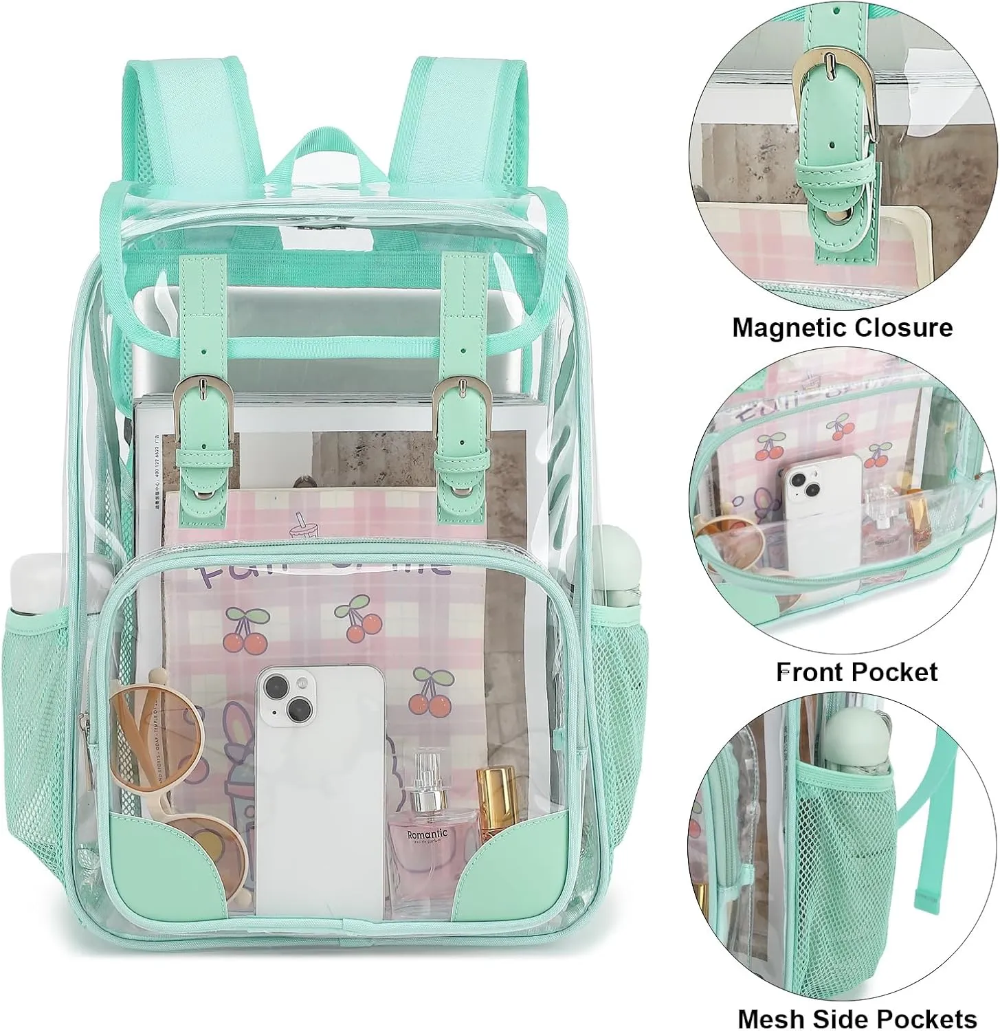 Fuyicat Clear Backpack Heavy Duty PVC Transparent Girls Kids School Backpacks Stadium Approved See Through College Bookbag for Women (Green)