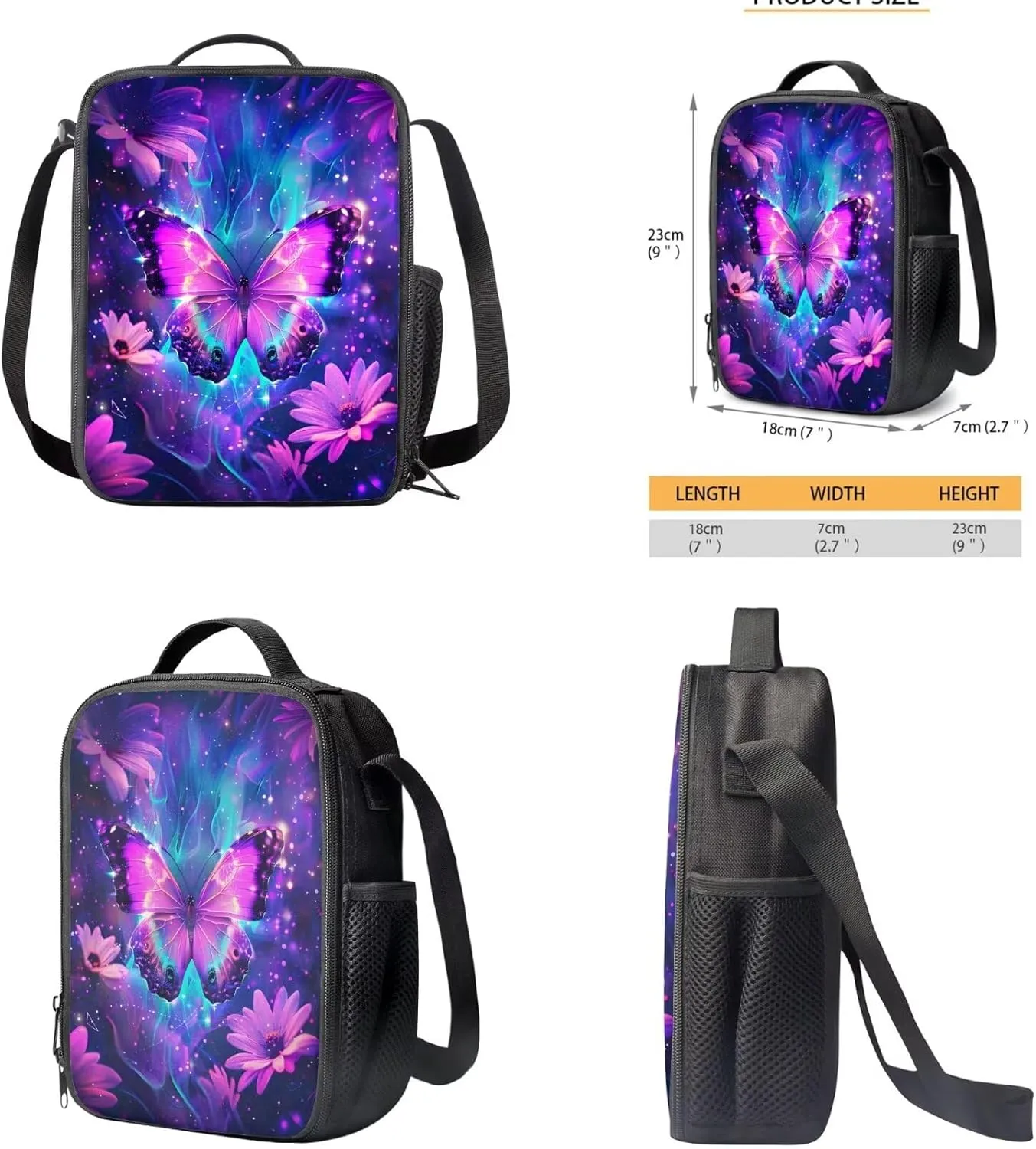 Galaxy Butterfly Backpack for Girls Kids Backpack with Lunch Box and Soft Pencil Case 3PCS Bookbag Set for School Teens 17 inch School Bag with Side Pocket Casual Daypack Backpacks