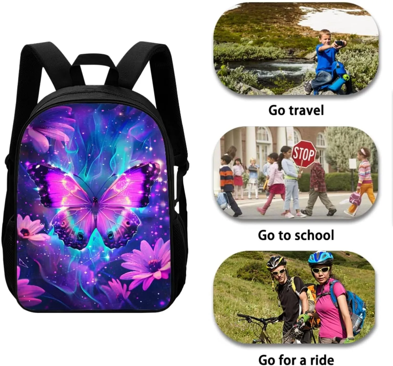 Galaxy Butterfly Backpack for Girls Kids Backpack with Lunch Box and Soft Pencil Case 3PCS Bookbag Set for School Teens 17 inch School Bag with Side Pocket Casual Daypack Backpacks