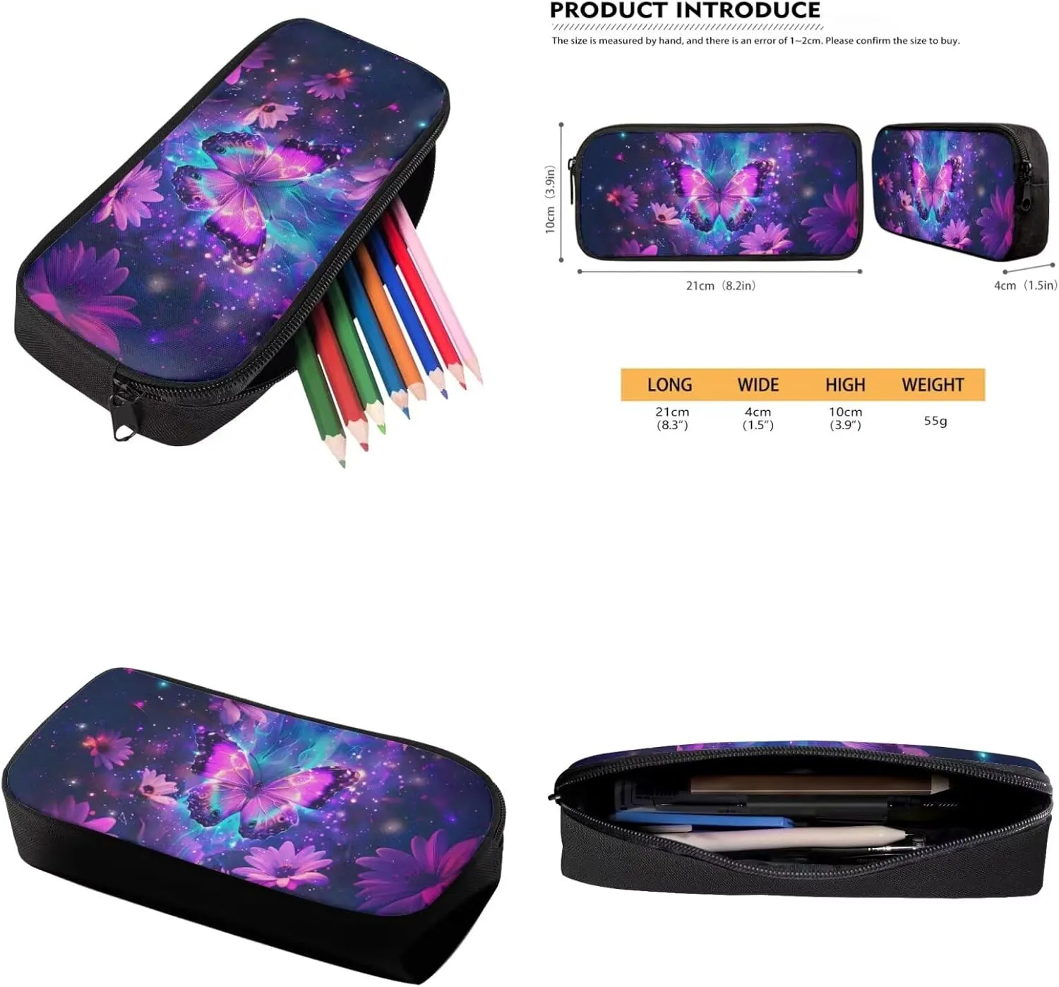 Galaxy Butterfly Backpack for Girls Kids Backpack with Lunch Box and Soft Pencil Case 3PCS Bookbag Set for School Teens 17 inch School Bag with Side Pocket Casual Daypack Backpacks