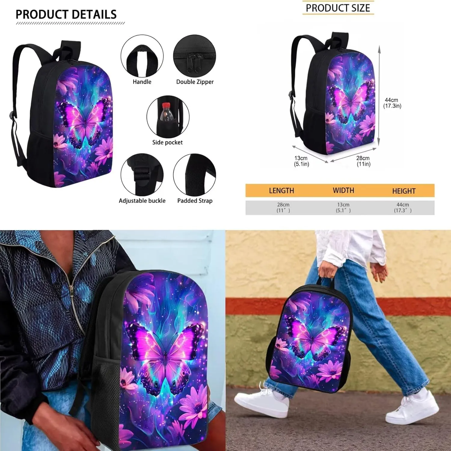Galaxy Butterfly Backpack for Girls Kids Backpack with Lunch Box and Soft Pencil Case 3PCS Bookbag Set for School Teens 17 inch School Bag with Side Pocket Casual Daypack Backpacks
