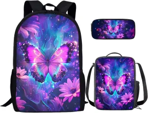 Galaxy Butterfly Backpack for Girls Kids Backpack with Lunch Box and Soft Pencil Case 3PCS Bookbag Set for School Teens 17 inch School Bag with Side Pocket Casual Daypack Backpacks