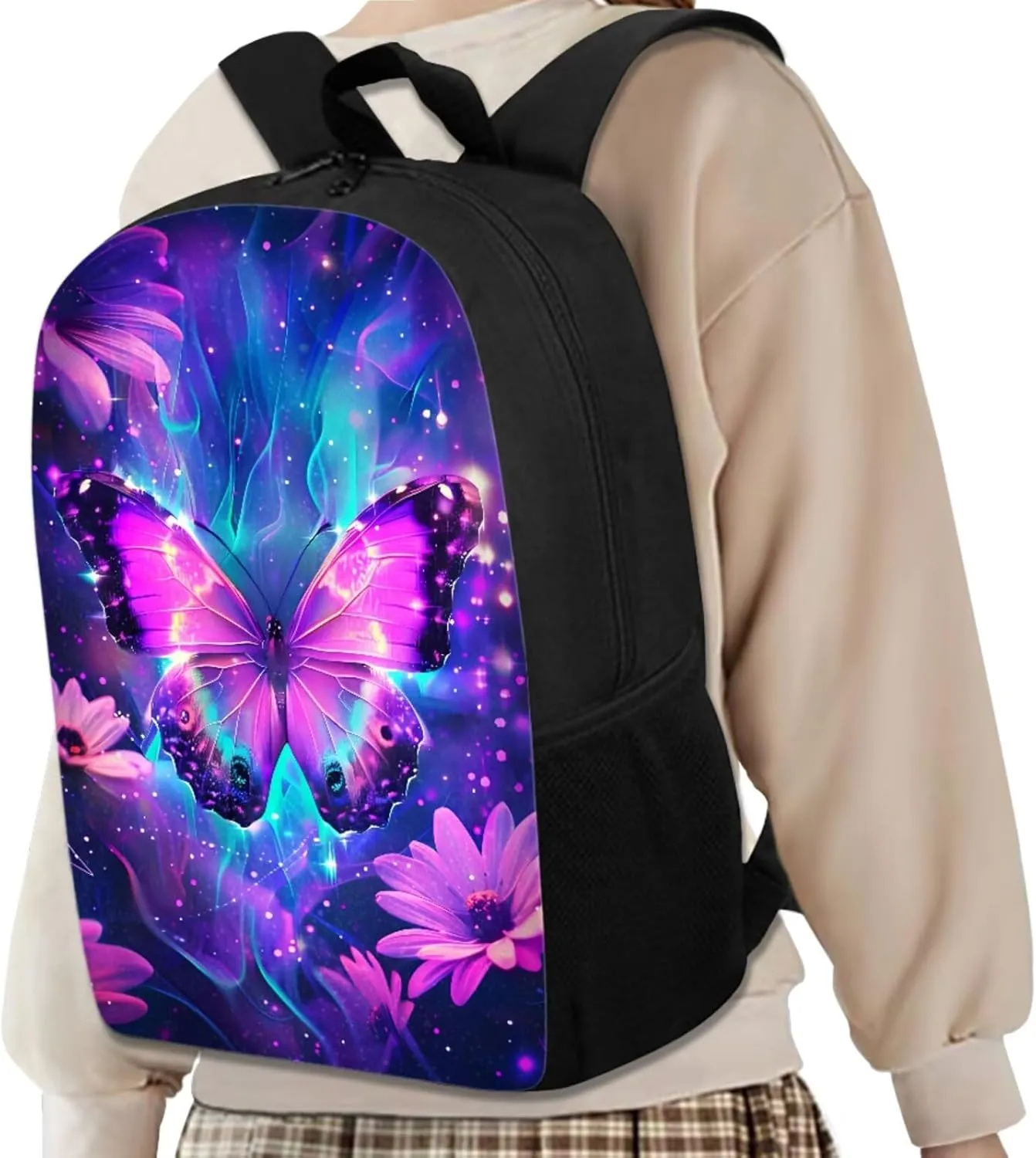 Galaxy Butterfly Backpack for Girls Kids Backpack with Lunch Box and Soft Pencil Case 3PCS Bookbag Set for School Teens 17 inch School Bag with Side Pocket Casual Daypack Backpacks