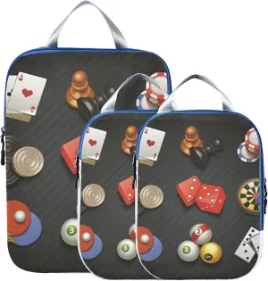 Game Icons Cards Turntable Pingpong Red Sieve on Black 3 Set Packing Cubes, Travel Packing Organizers for Suitcases, Waterproof Check Oxford Toiletry Compression Luggage Storage Bag