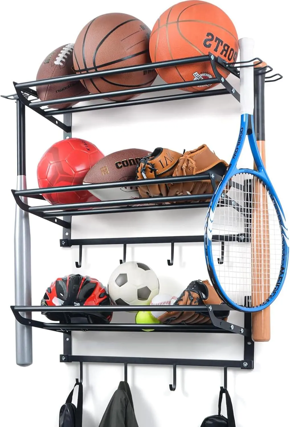 Garage Sports Equipment Organizer Wall Mount - 3 Shelves Ball Rack Organizer and 4 S-Hooks for Easy Installation and Storage of Balls in Garages or Gyms Matte Black
