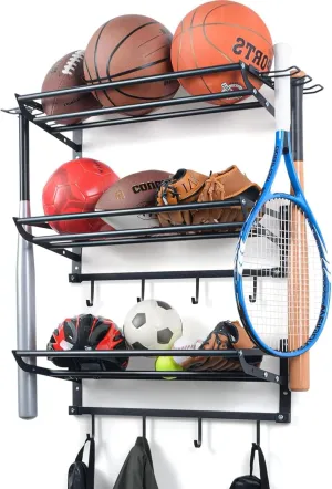 Garage Sports Equipment Organizer Wall Mount - 3 Shelves Ball Rack Organizer and 4 S-Hooks for Easy Installation and Storage of Balls in Garages or Gyms Matte Black