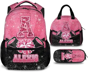 Girls Backpack for Kids, Personalized 3pcs Cheerleader Backpack for Kindergarten Preschool Primary, 17 Inch Lightweight Black & Pink Glitter Custom Initial Cheer Daypack for School Travel Picnic