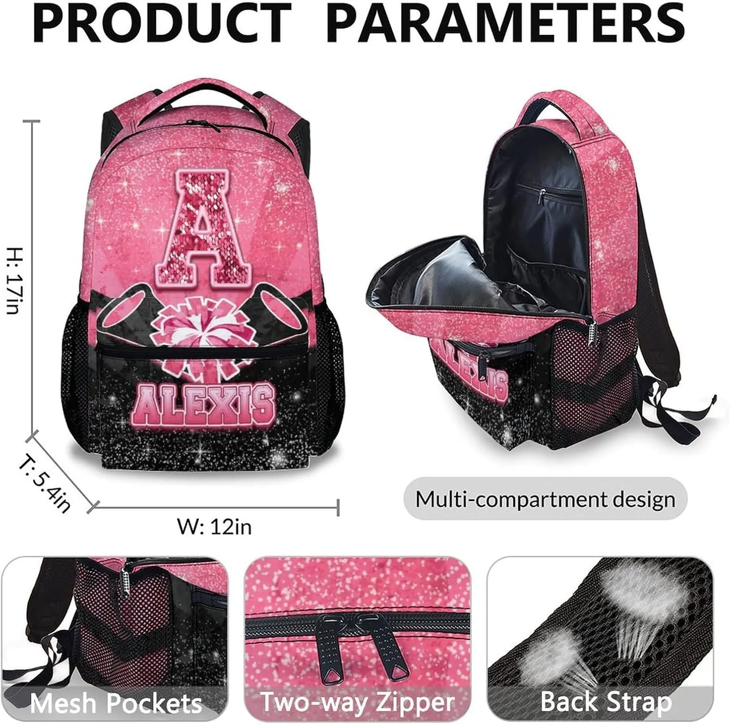 Girls Backpack for Kids, Personalized 3pcs Cheerleader Backpack for Kindergarten Preschool Primary, 17 Inch Lightweight Black & Pink Glitter Custom Initial Cheer Daypack for School Travel Picnic