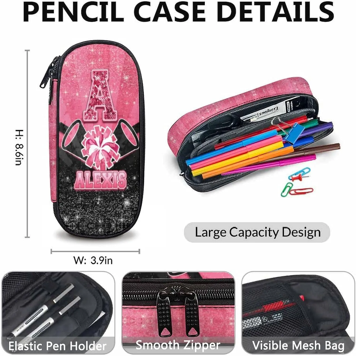 Girls Backpack for Kids, Personalized 3pcs Cheerleader Backpack for Kindergarten Preschool Primary, 17 Inch Lightweight Black & Pink Glitter Custom Initial Cheer Daypack for School Travel Picnic
