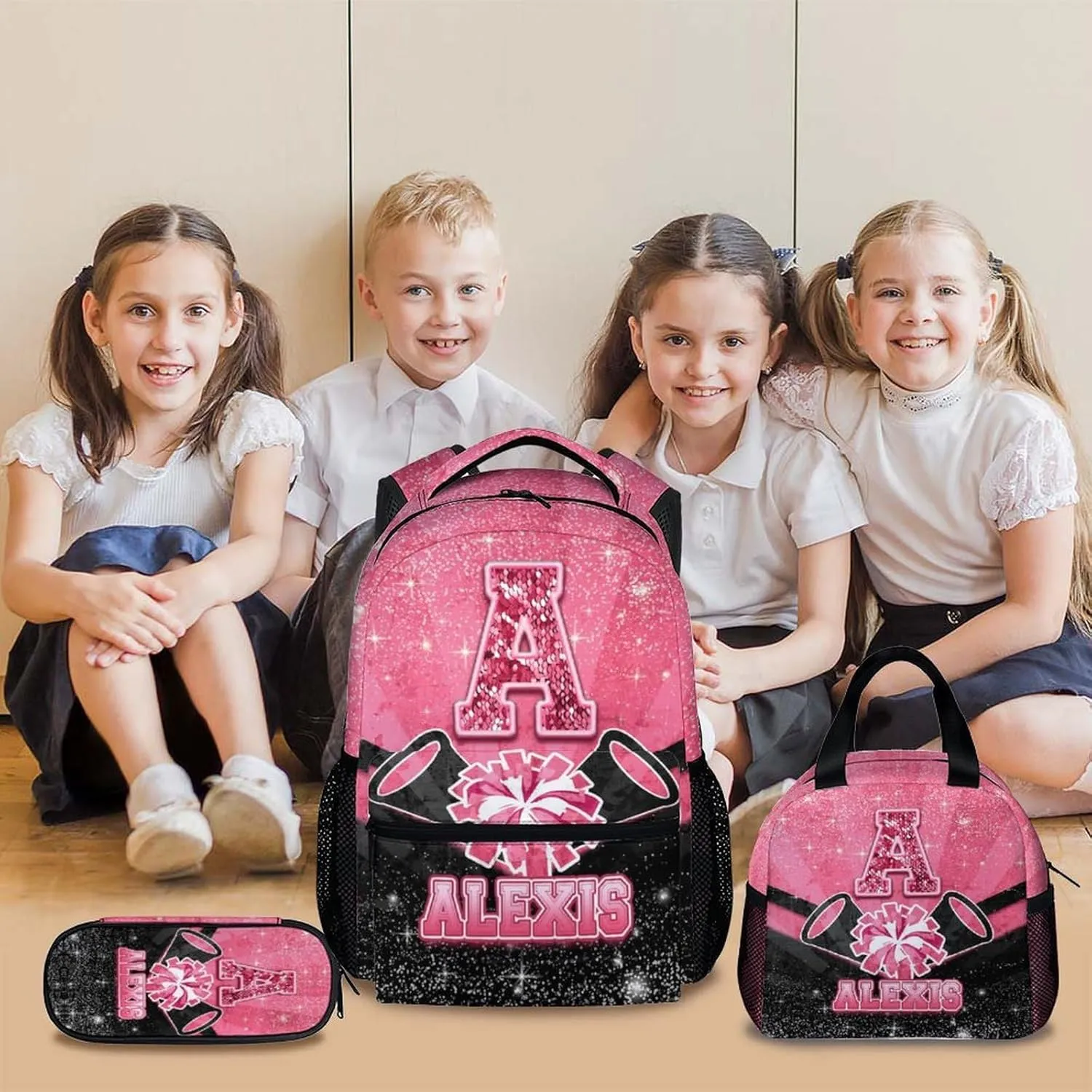 Girls Backpack for Kids, Personalized 3pcs Cheerleader Backpack for Kindergarten Preschool Primary, 17 Inch Lightweight Black & Pink Glitter Custom Initial Cheer Daypack for School Travel Picnic