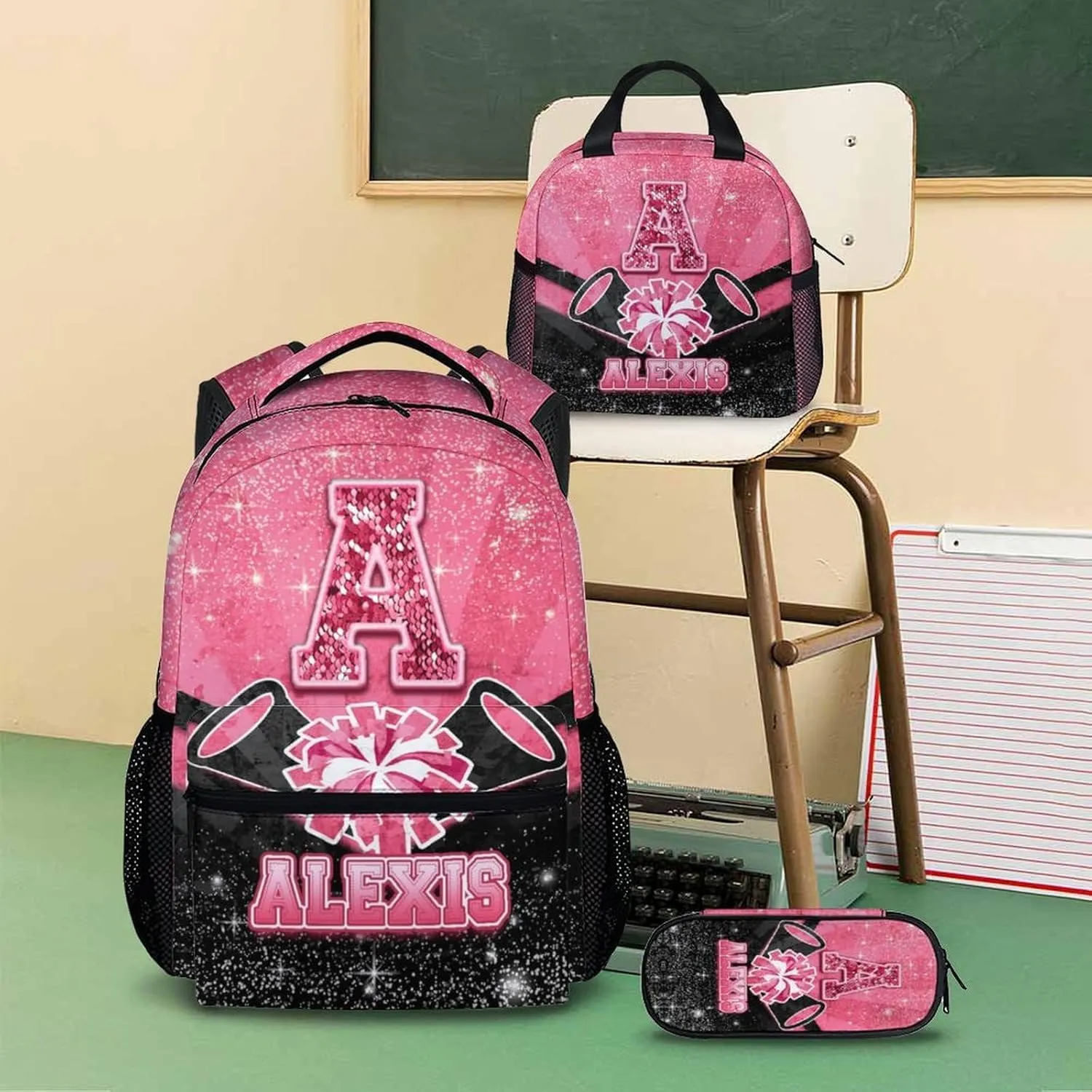 Girls Backpack for Kids, Personalized 3pcs Cheerleader Backpack for Kindergarten Preschool Primary, 17 Inch Lightweight Black & Pink Glitter Custom Initial Cheer Daypack for School Travel Picnic