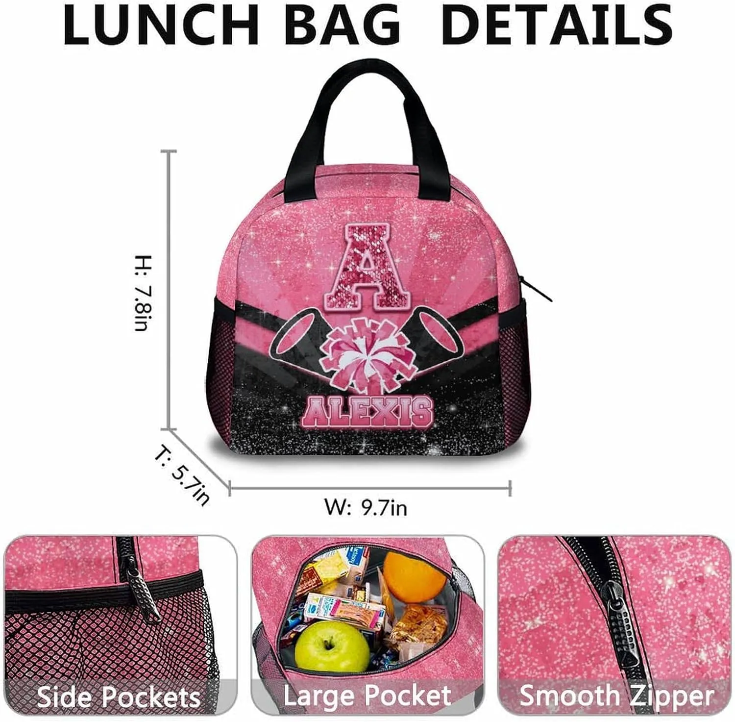 Girls Backpack for Kids, Personalized 3pcs Cheerleader Backpack for Kindergarten Preschool Primary, 17 Inch Lightweight Black & Pink Glitter Custom Initial Cheer Daypack for School Travel Picnic