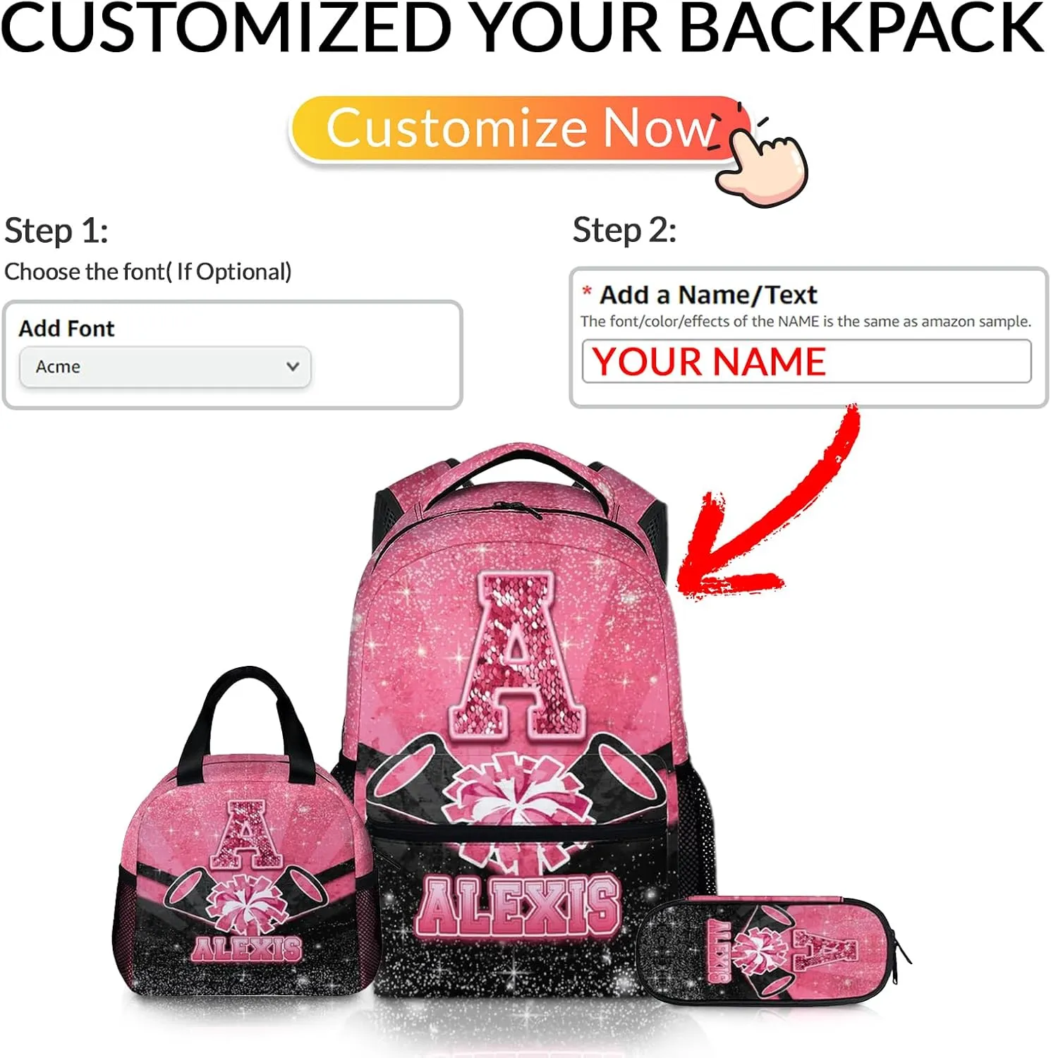 Girls Backpack for Kids, Personalized 3pcs Cheerleader Backpack for Kindergarten Preschool Primary, 17 Inch Lightweight Black & Pink Glitter Custom Initial Cheer Daypack for School Travel Picnic