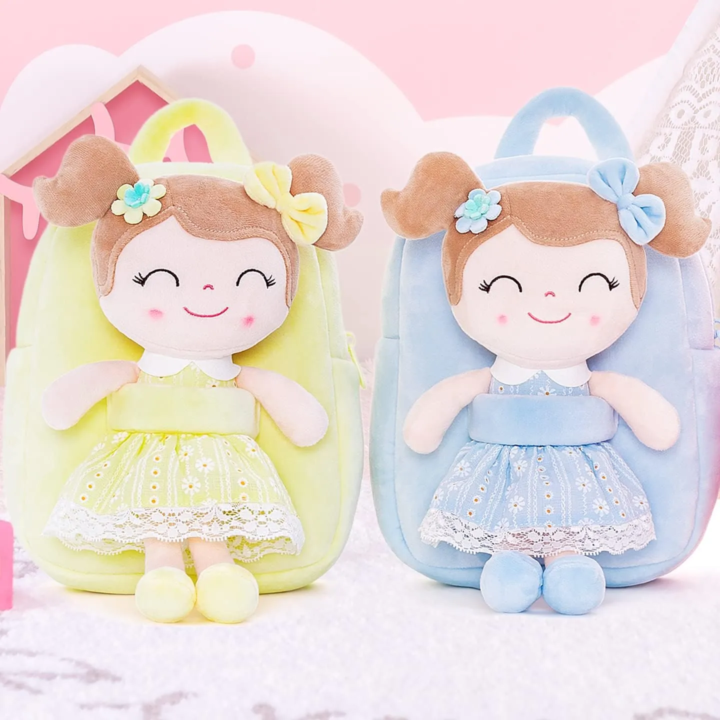 Gloveleya Kids Backpack Toddler Girls Backpacks with Soft Plush Spring Girl Doll Toys Yellow 9"…