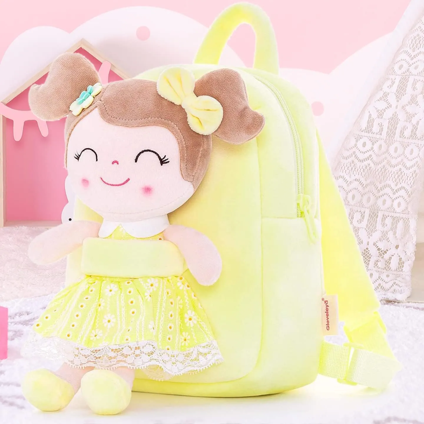 Gloveleya Kids Backpack Toddler Girls Backpacks with Soft Plush Spring Girl Doll Toys Yellow 9"…