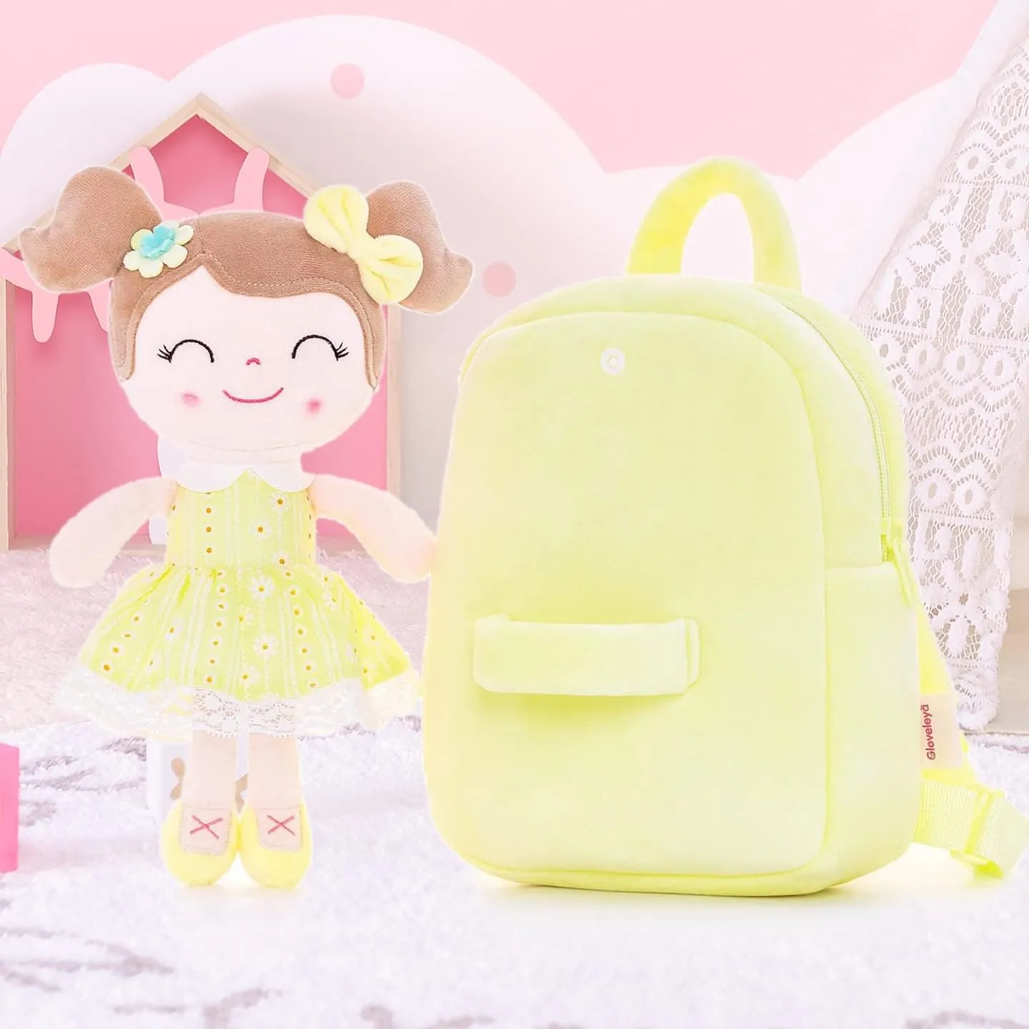 Gloveleya Kids Backpack Toddler Girls Backpacks with Soft Plush Spring Girl Doll Toys Yellow 9"…