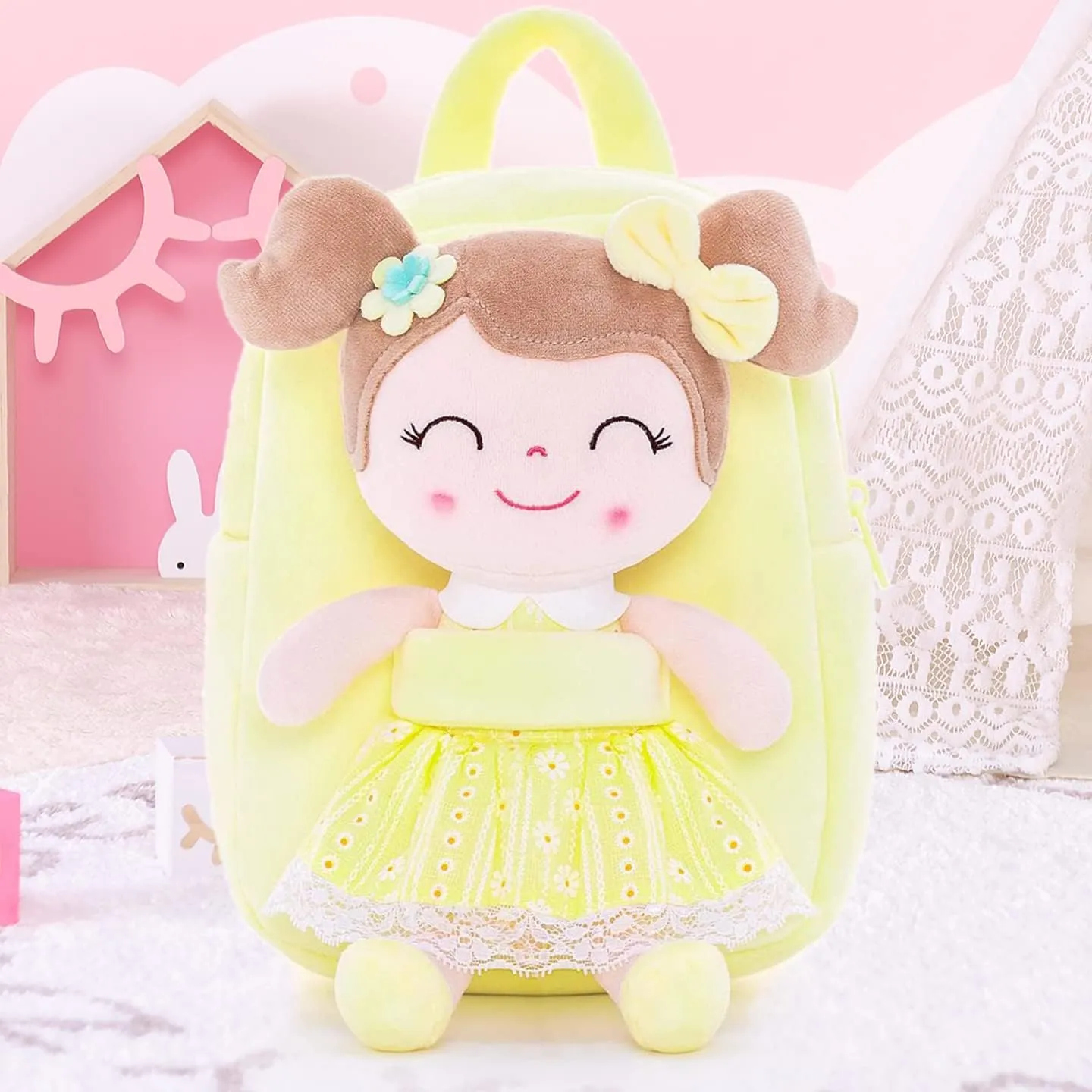 Gloveleya Kids Backpack Toddler Girls Backpacks with Soft Plush Spring Girl Doll Toys Yellow 9"…
