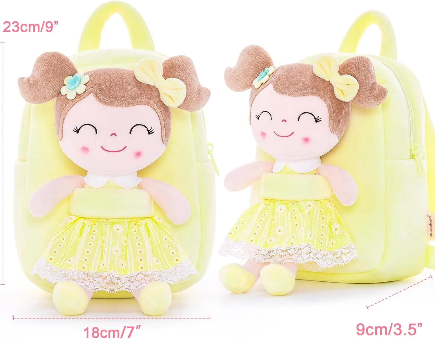 Gloveleya Kids Backpack Toddler Girls Backpacks with Soft Plush Spring Girl Doll Toys Yellow 9"…