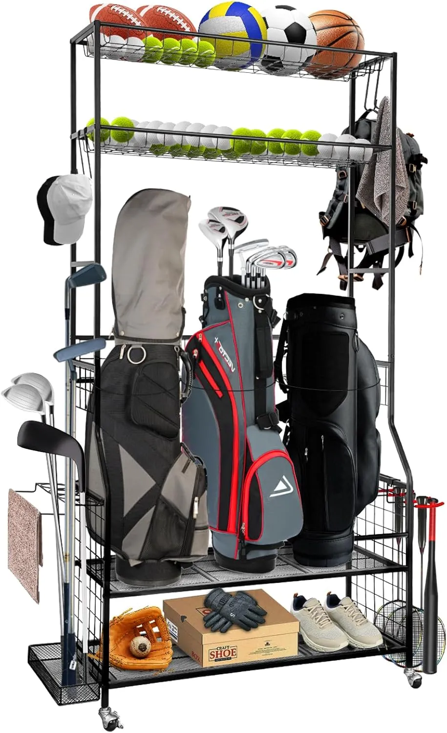 Golf Bag Storage Garage Organizer, 3 Golf Bags Organizer and Golfing Equipment Accessories Storage Rack, Sports Equipment Storage Organizer with Wheels, 4 Hooks, and Extra Club Display Rack