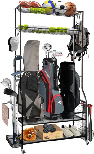 Golf Bag Storage Garage Organizer, 3 Golf Bags Organizer and Golfing Equipment Accessories Storage Rack, Sports Equipment Storage Organizer with Wheels, 4 Hooks, and Extra Club Display Rack