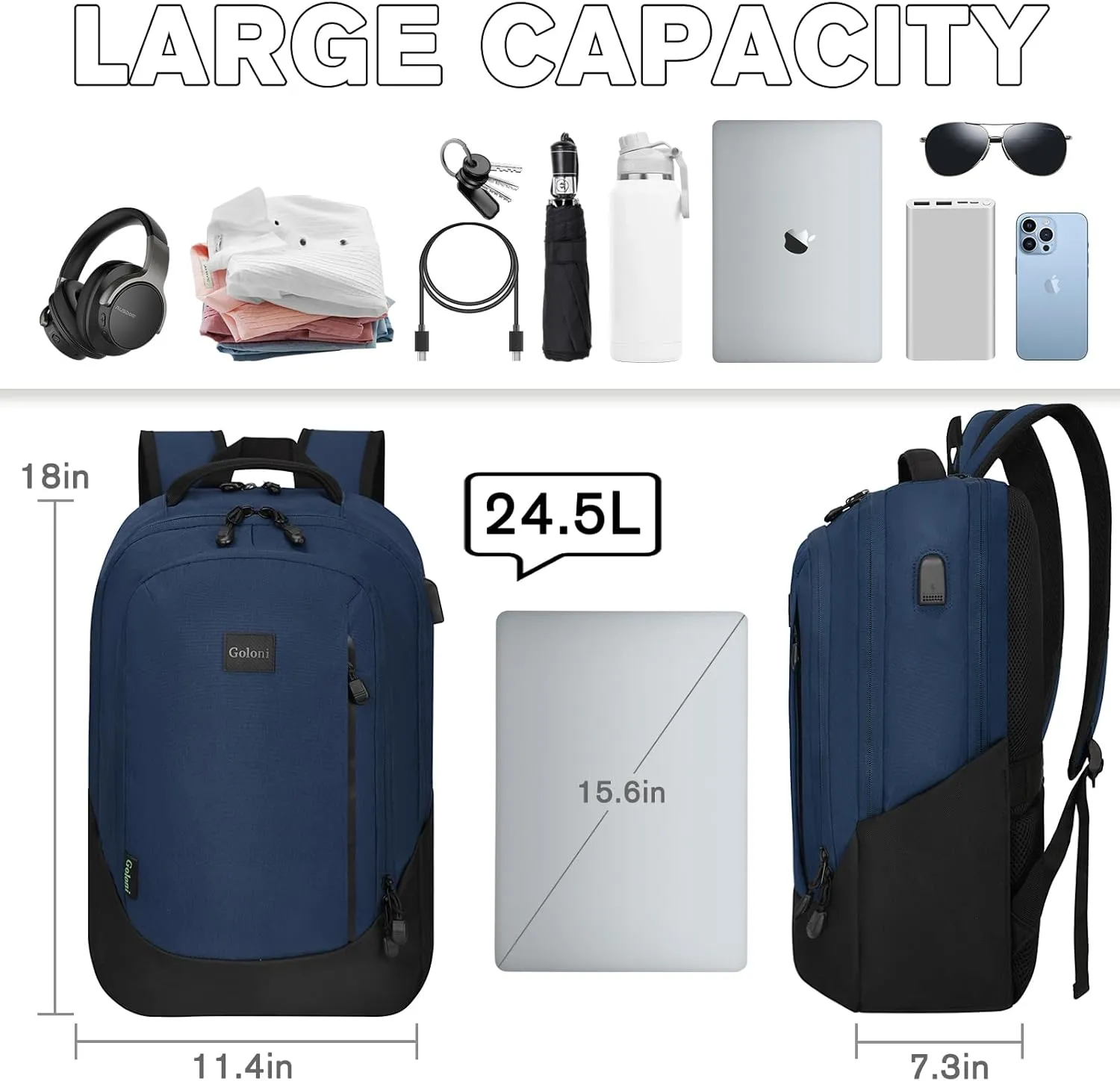 Goloni Multi-functional Travel Backpack, Large Capacity for Men Women Waterproof Business Work Bag, College Laptop Backpack with USB Charging Port, Suitable for 17-inch Computers