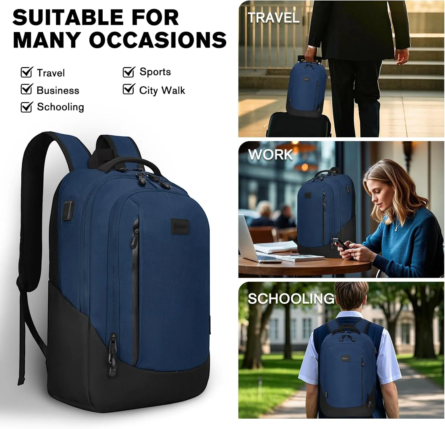 Goloni Multi-functional Travel Backpack, Large Capacity for Men Women Waterproof Business Work Bag, College Laptop Backpack with USB Charging Port, Suitable for 17-inch Computers