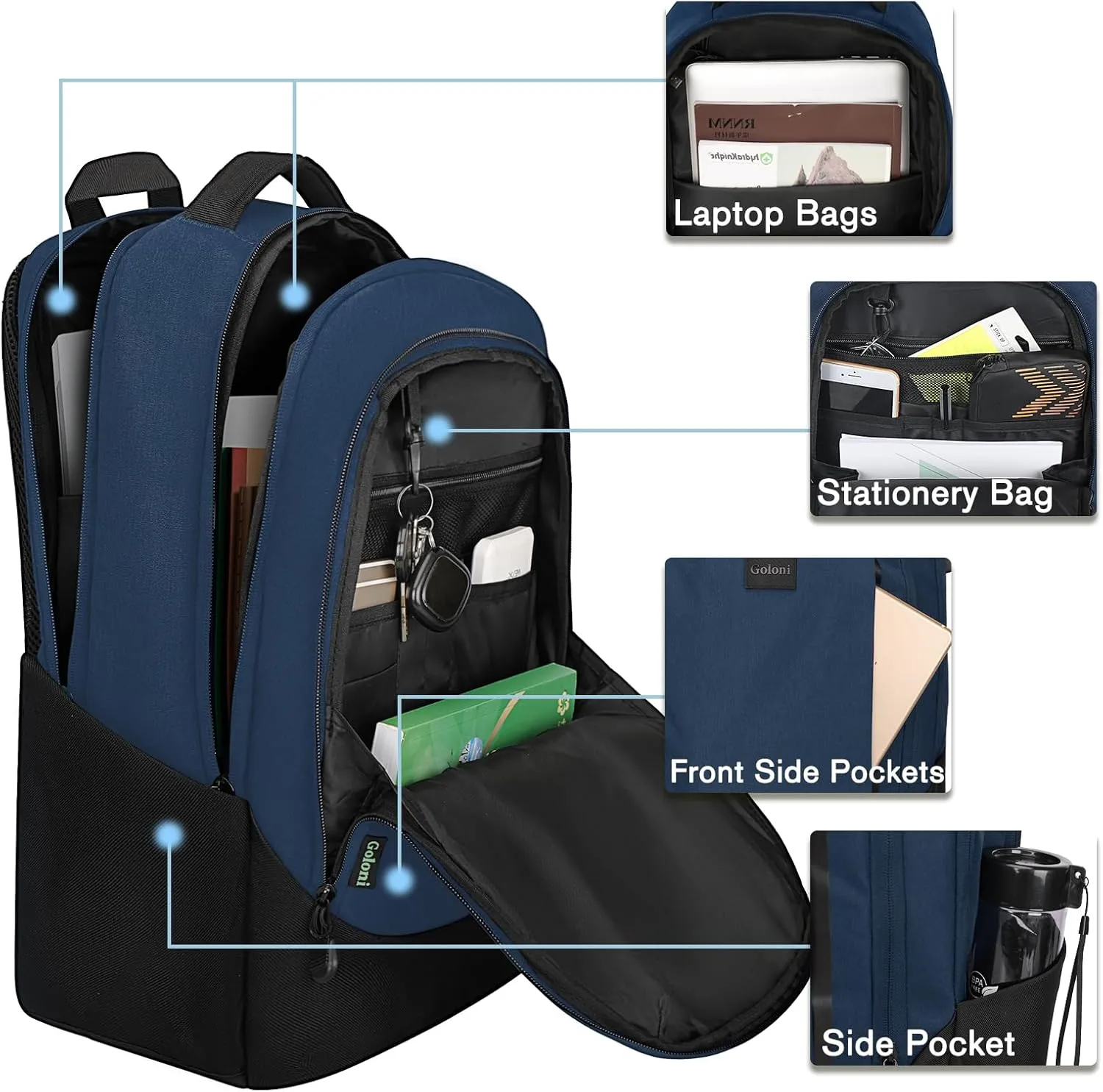 Goloni Multi-functional Travel Backpack, Large Capacity for Men Women Waterproof Business Work Bag, College Laptop Backpack with USB Charging Port, Suitable for 17-inch Computers