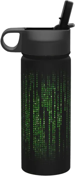 Green Number Binary Print Flask Stainless Steel Water Bottle with Straw 18OZ FOR Outdoor Gym Commute