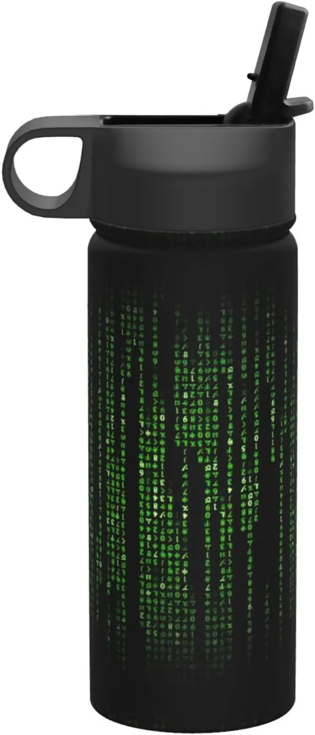 Green Number Binary Print Flask Stainless Steel Water Bottle with Straw 18OZ FOR Outdoor Gym Commute
