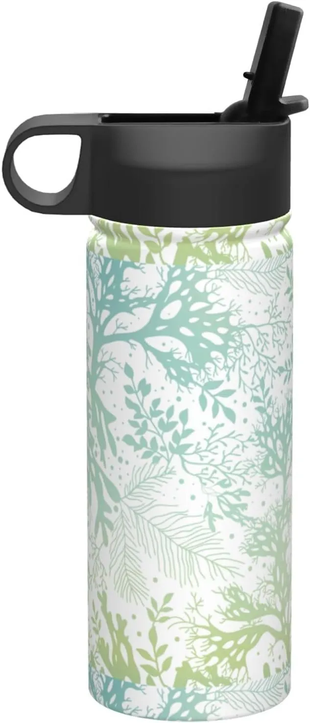 Green Sea Blue Seaweed Print Flask Stainless Steel Water Bottle with Straw 18OZ FOR Outdoor Gym Commute