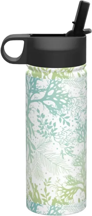 Green Sea Blue Seaweed Print Flask Stainless Steel Water Bottle with Straw 18OZ FOR Outdoor Gym Commute