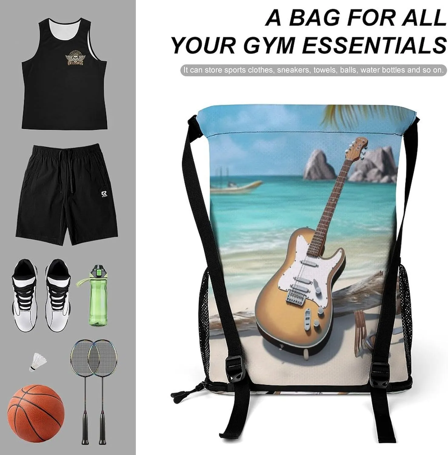 Gym Bag for Women Men Guitar on The BeachTravel Duffel Bag Large Capacity Sports Drawstring Backpack