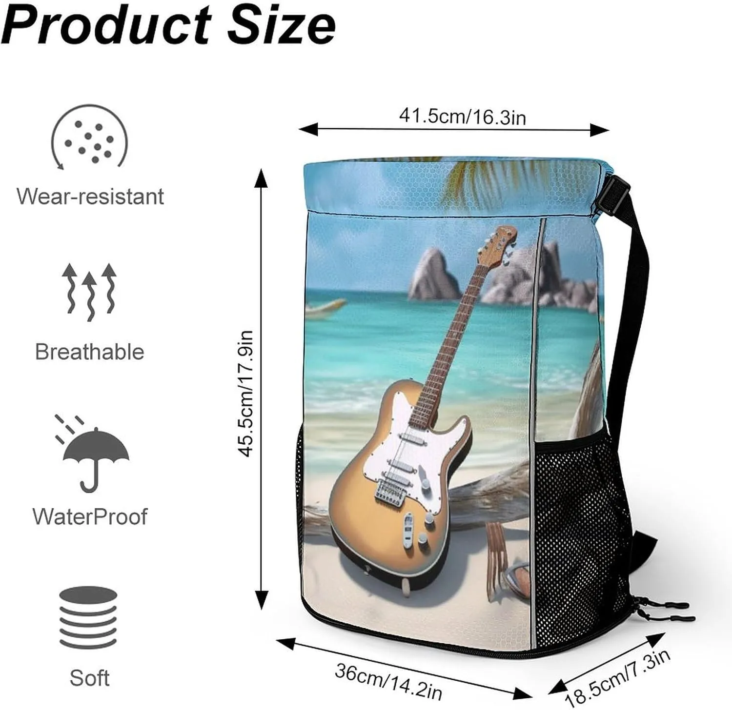 Gym Bag for Women Men Guitar on The BeachTravel Duffel Bag Large Capacity Sports Drawstring Backpack