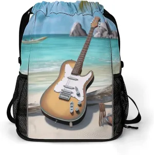 Gym Bag for Women Men Guitar on The BeachTravel Duffel Bag Large Capacity Sports Drawstring Backpack