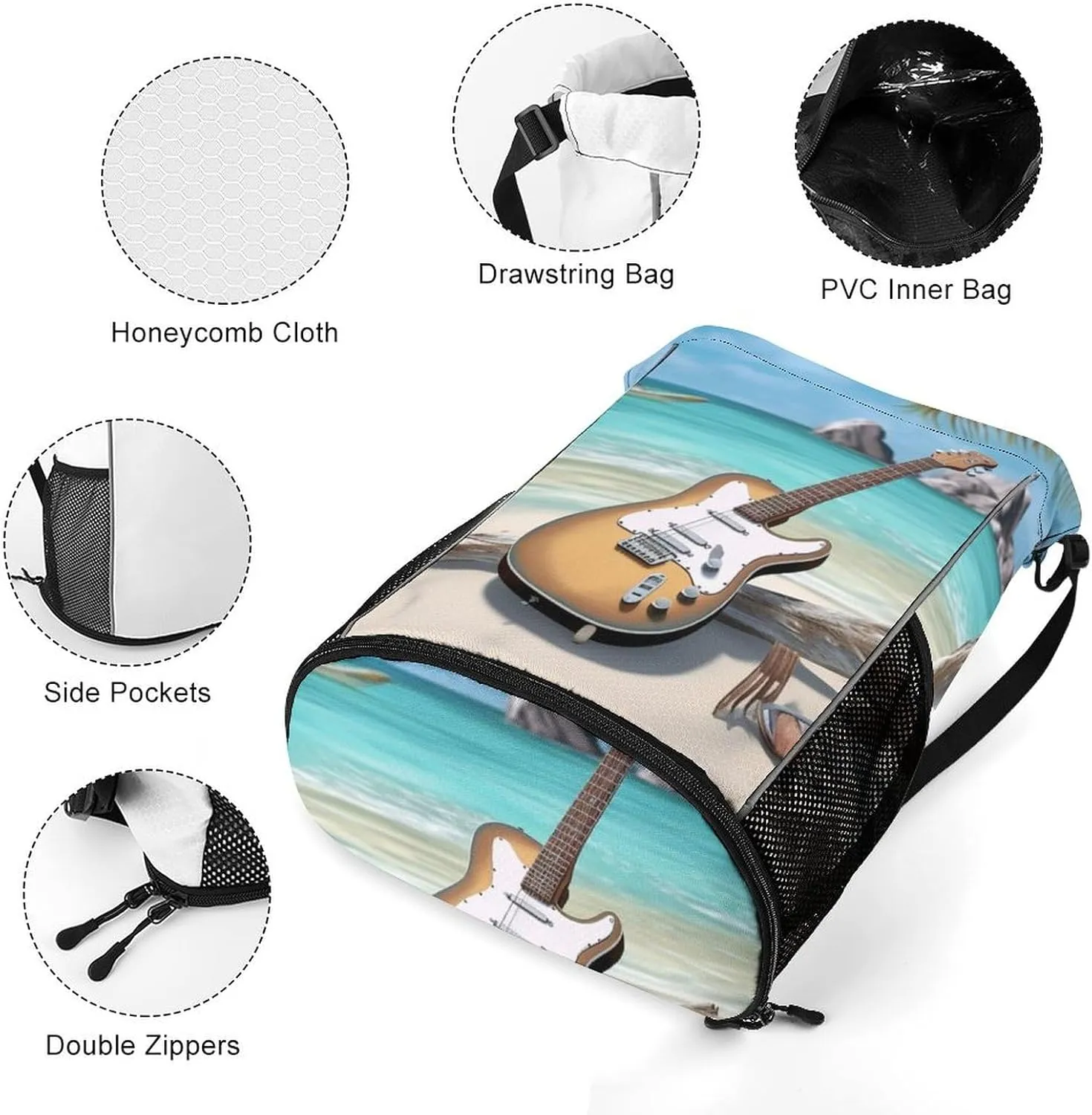 Gym Bag for Women Men Guitar on The BeachTravel Duffel Bag Large Capacity Sports Drawstring Backpack