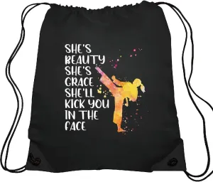 Haizct She's Beauty She's Grace She'll Kick You Taekwondo Drawstring Backpacks, Unisex Drawstring Karate Bags for Gym Shopping Sport, Taekwondo Gifts for Women Lover
