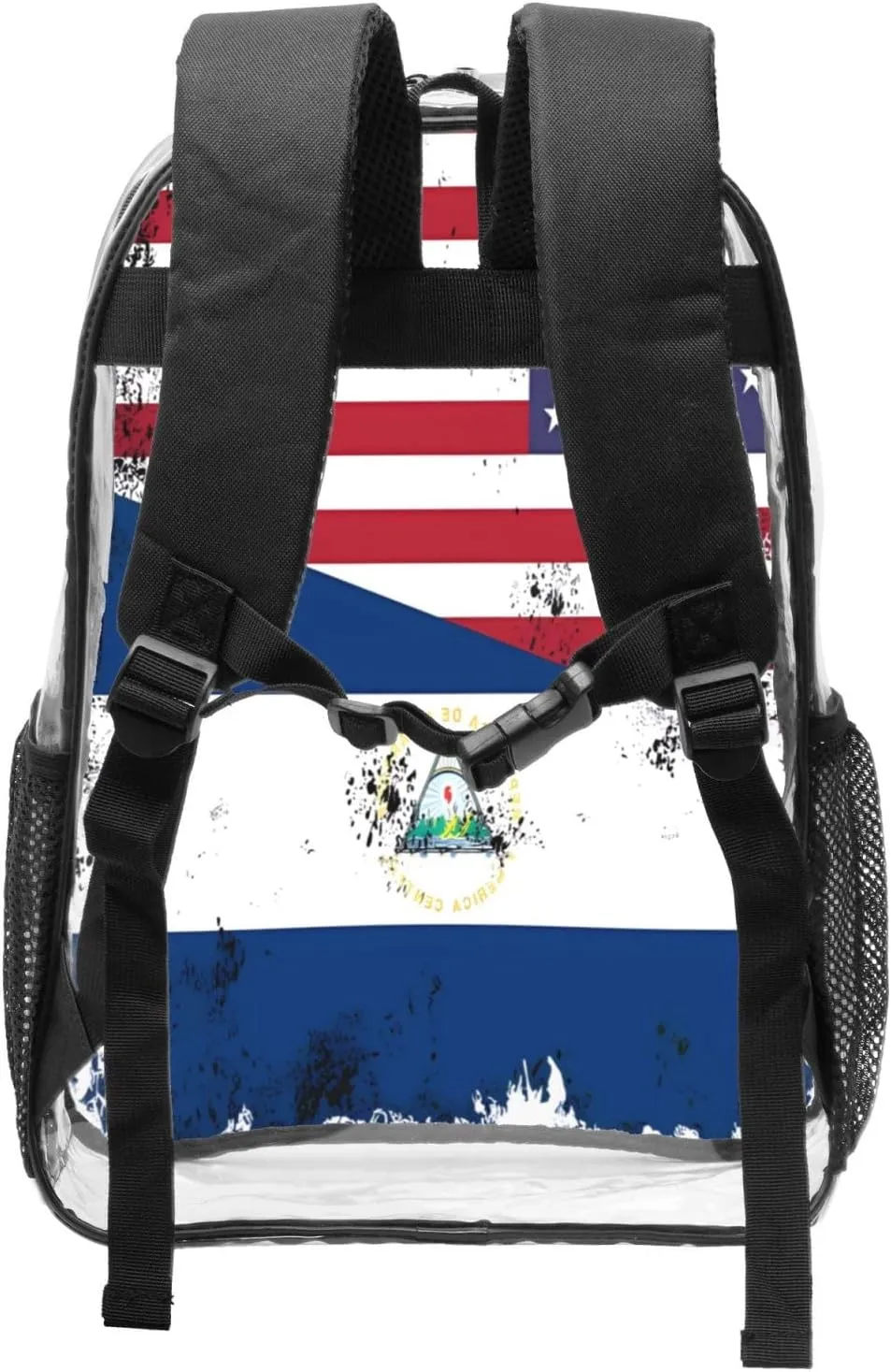Half Nicaraguan Flag Design Vintage Nicaragua USA 16 Inch Clear PVC Backpacks Transparent Backpack Multipurpose Double Shoulder Bag for Men Women Gifts