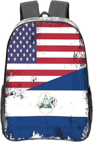Half Nicaraguan Flag Design Vintage Nicaragua USA 16 Inch Clear PVC Backpacks Transparent Backpack Multipurpose Double Shoulder Bag for Men Women Gifts