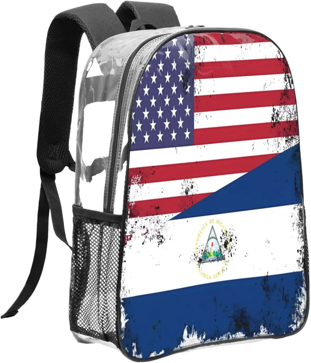 Half Nicaraguan Flag Design Vintage Nicaragua USA 16 Inch Clear PVC Backpacks Transparent Backpack Multipurpose Double Shoulder Bag for Men Women Gifts